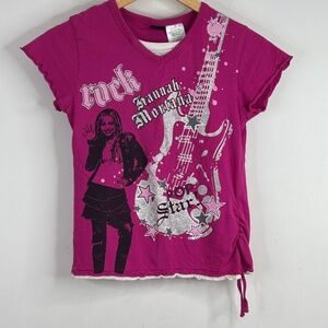 VTG Y2K Hannah Montana T Shirt 14-16 Miley Cyrus Disney Graphic Pink Scene Retro
